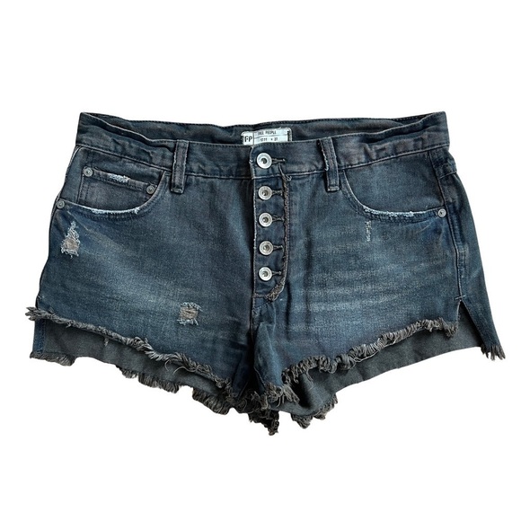 Free People Washed Black Distressed Denim Raw Hem Boho Jean Shorts - Picture 1 of 15